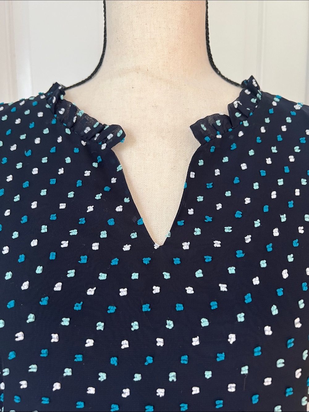 Loft Outlet Navy Blue, Sleeveless Midi Dress, White/Teal Clip Dot, Lined, Sz 12 - Picture 6 of 9